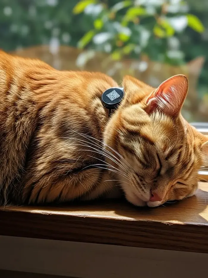 Un gato naranja dormido al sol en la ventana, con su código QR Pets en el collar