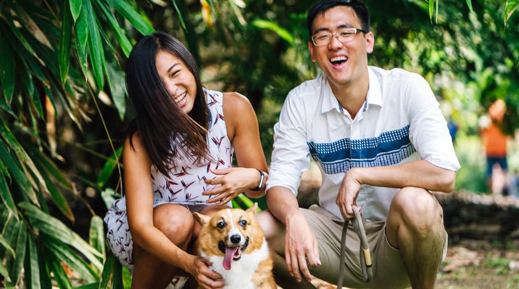 Pareja joven riéndose a carcajadas en un parque sentados en el pasto junto a su perro corgi, beneficios de tener mascota para la felicidad.